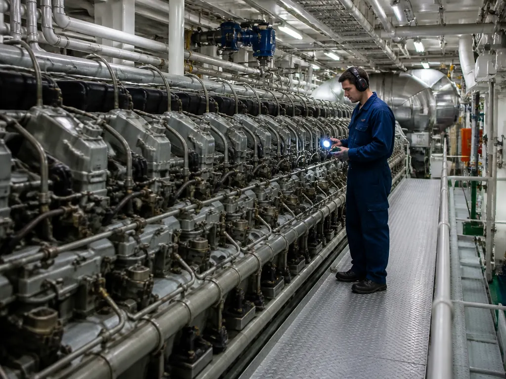 Marine engineer working beside engine room machinery