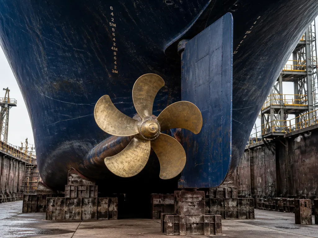 Vessel hull in a dry dock during repair work